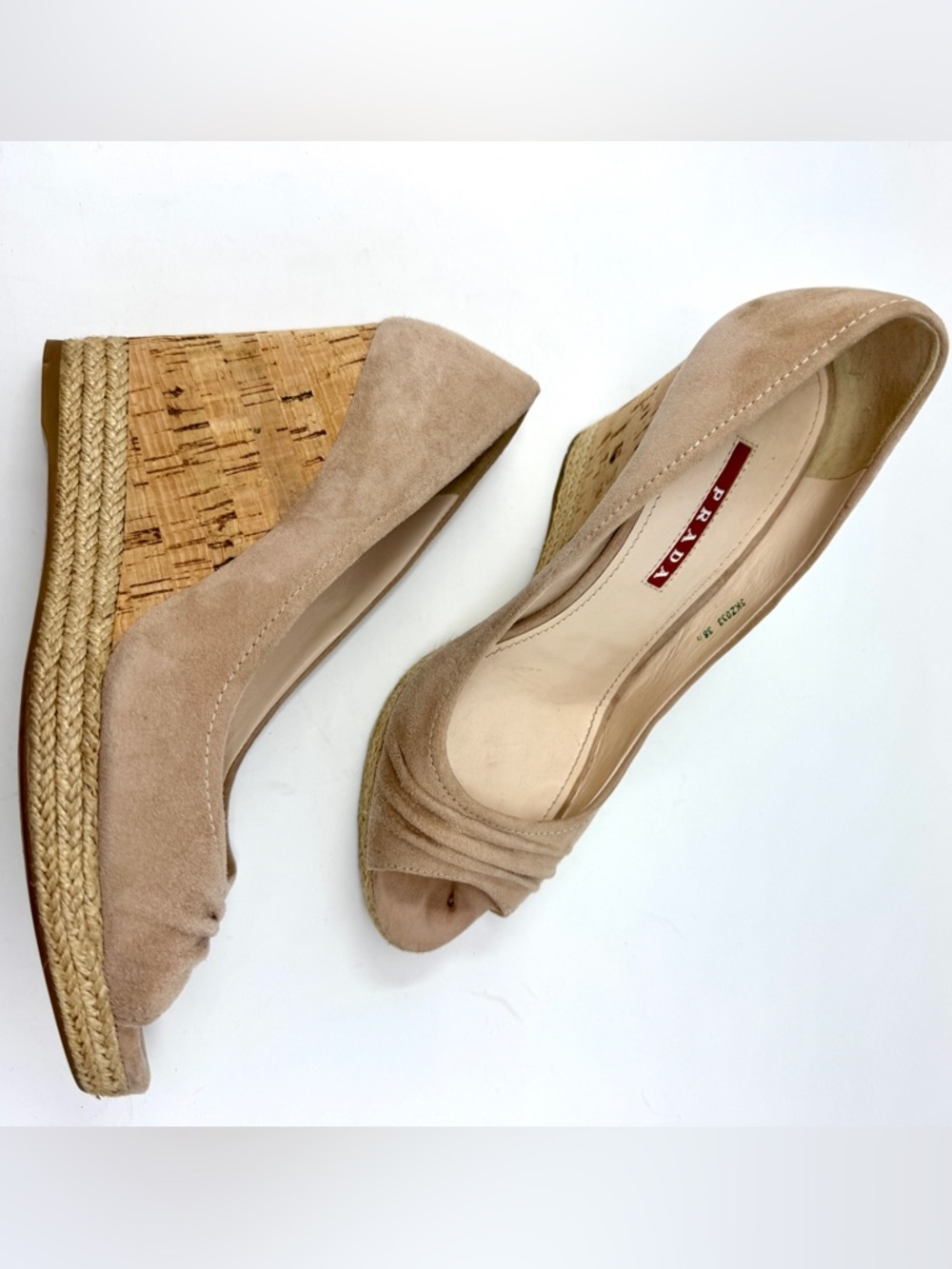 Prada Beige Suede Cork Wedge Peep-Toe Espadrille Pumps - Picture 13 of 14